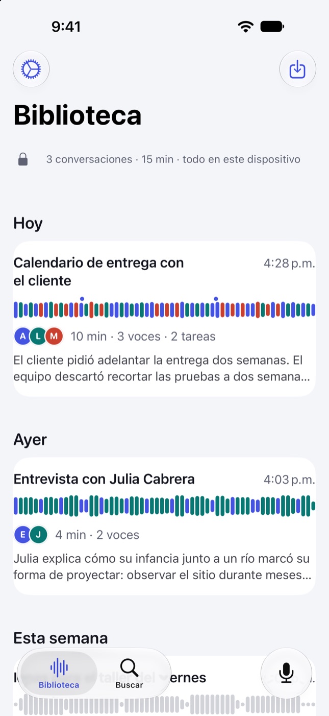 Biblioteca de Polifonía: cada conversación con su partitura de colores, las personas que hablaron y un resumen.