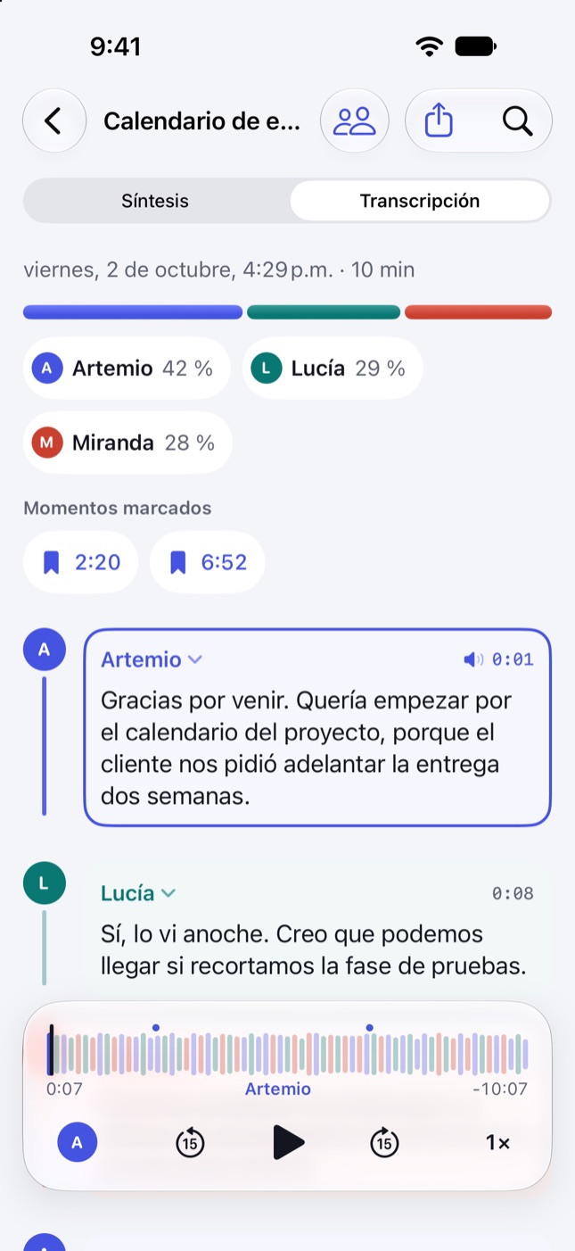 Transcripción en Polifonía: reparto del tiempo por persona, momentos marcados y cada bloque con el color de quien habla.